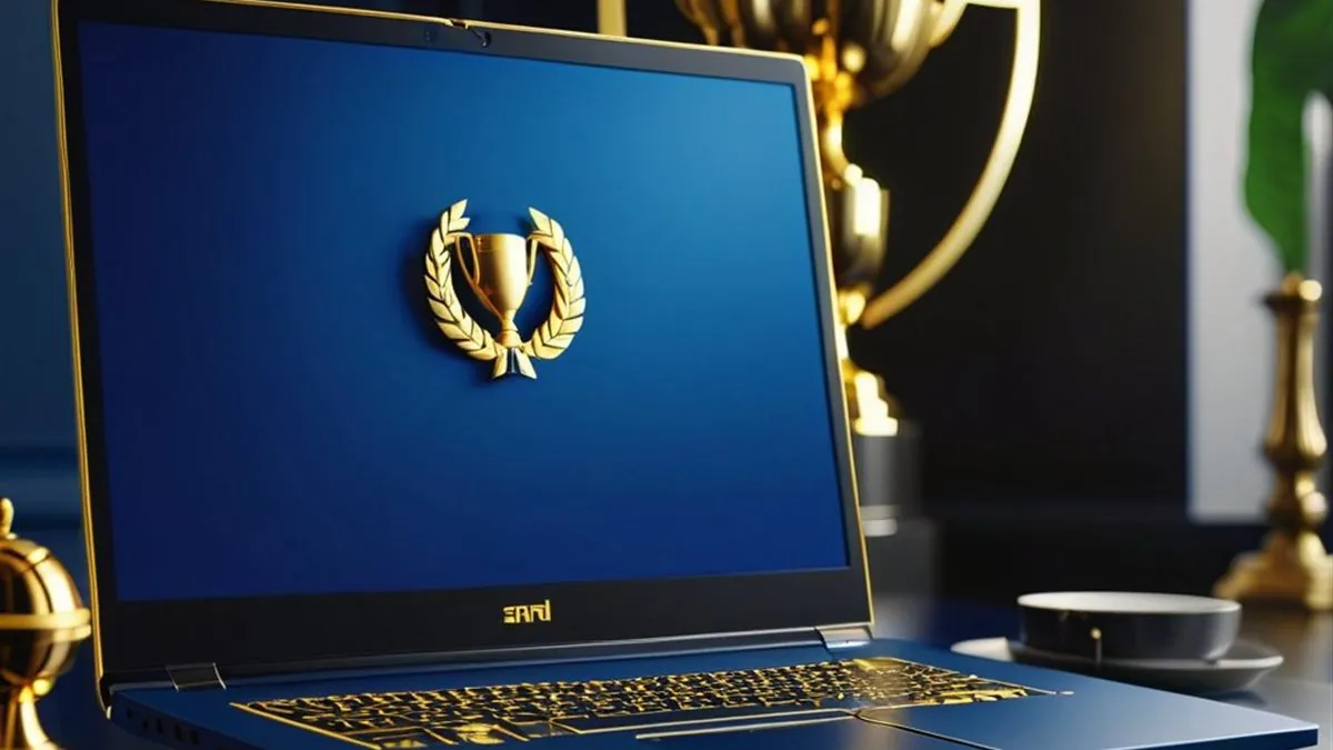 Laptop con un trofeo dorado en pantalla azul y un trofeo grande detrás