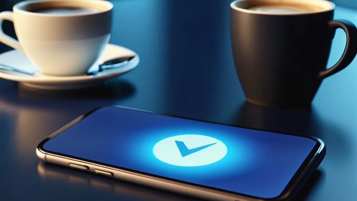 Celular sobre una mesa con una marca de verificación azul en pantalla junto a tazas de café