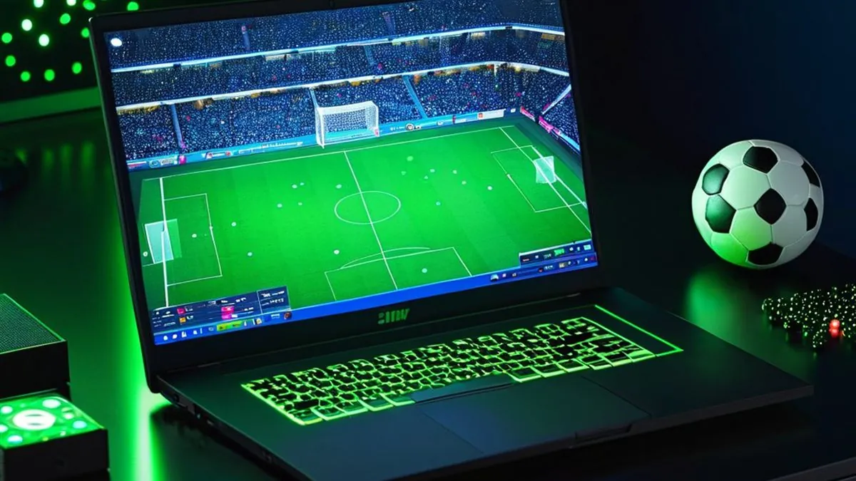 Laptop con un estadio y una cancha de futbol en pantalla junto a un balón
