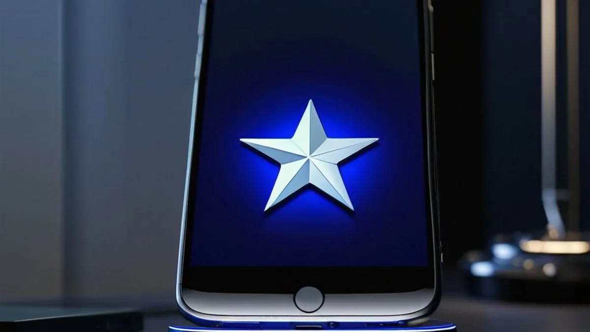 Celular en una base con una estrella plateada luminosa en pantalla azul