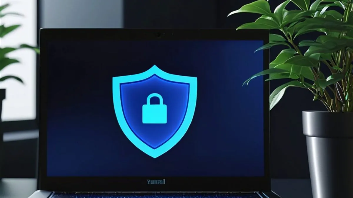 Laptop con un escudo azul con candado en pantalla junto a una planta